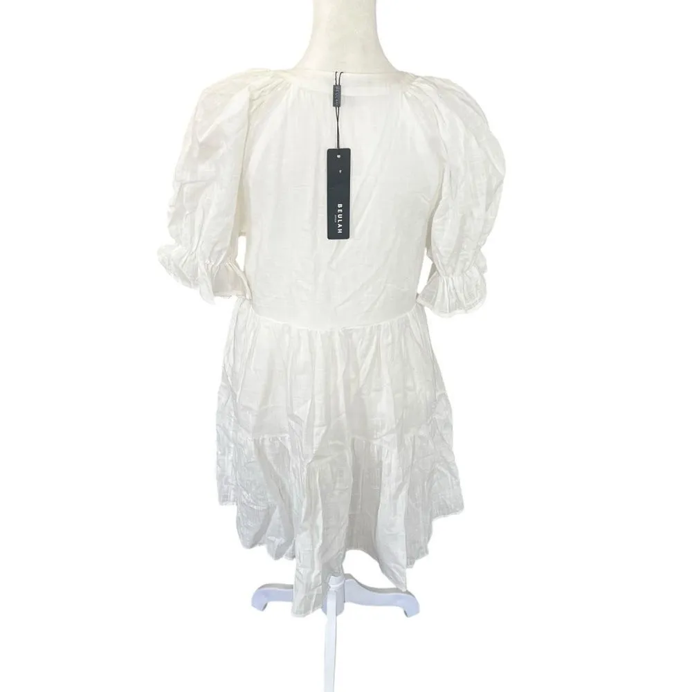 NEW Beulah Style Tiered White Gauzy Cotton V Neck Short Sleeve Mini Dress Small - Image 6
