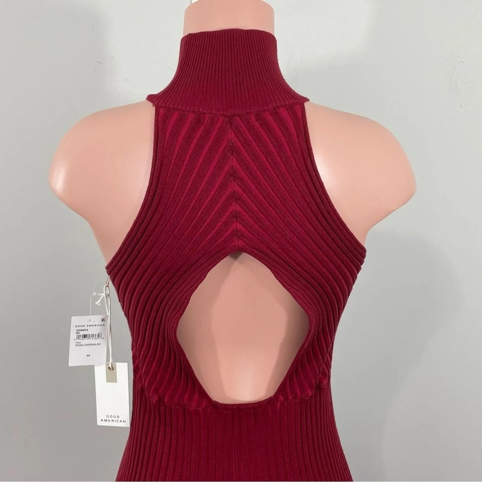 NWT Good‎ American Dress Size 3/4 L/XL Angled Rib Mock Halter Midi Team Cardinal - Image 11