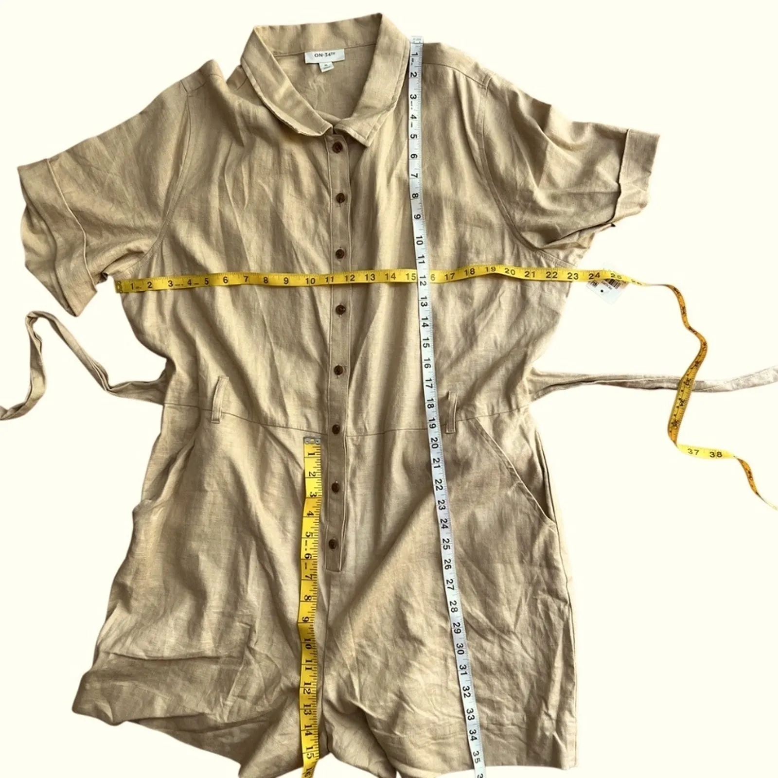 Womens XL Romper Shorts Linen Jumpsuit Classic Resort Elegant Preppy Boho Cruise Tan - Image 13