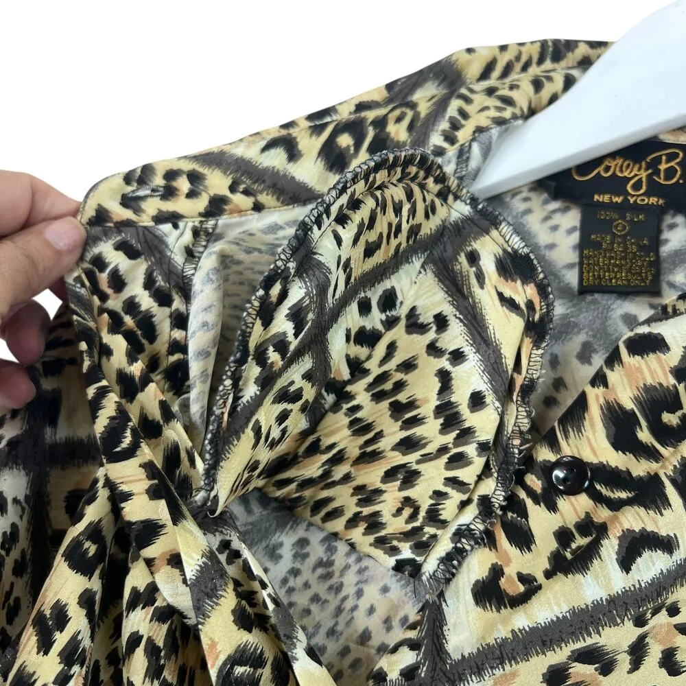 VTG Corey B Silk Leopard Print Blouse Top 4 Long Sleeve Button Down Animal Print Tan - Image 8