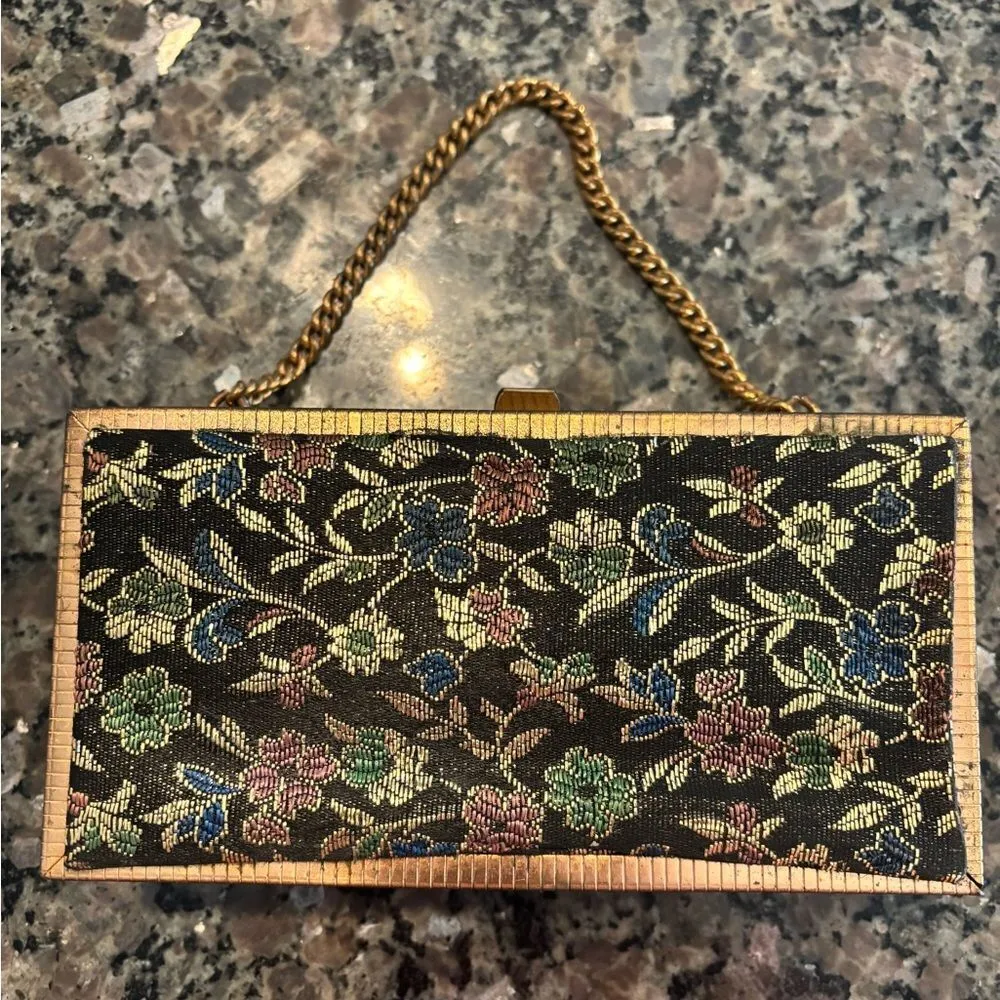 VTG 1950’s Barbara Bates Metal Frame Clutch / Purse Floral Damask Fabric Black - Image 2