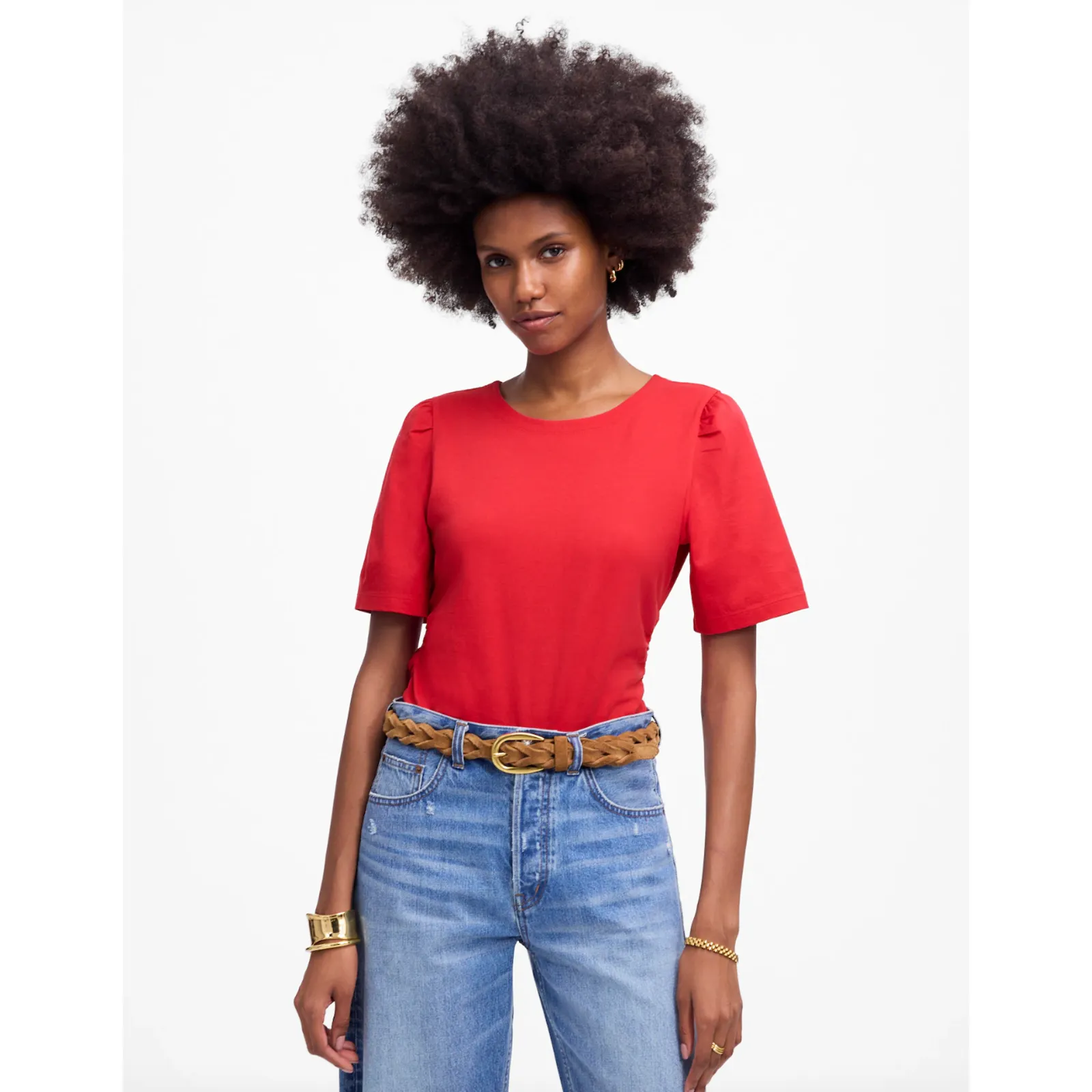 Madewell Side Cinch Puff Sleeve Tee Shirt Cotton Feather Blue Round Neck M NWT - Image 2