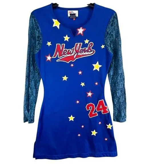 Vintage Raw Blue Jersey Dress L Blue New York Lace Sleeves Sporty Y2K Streetwear Size L - Image 1