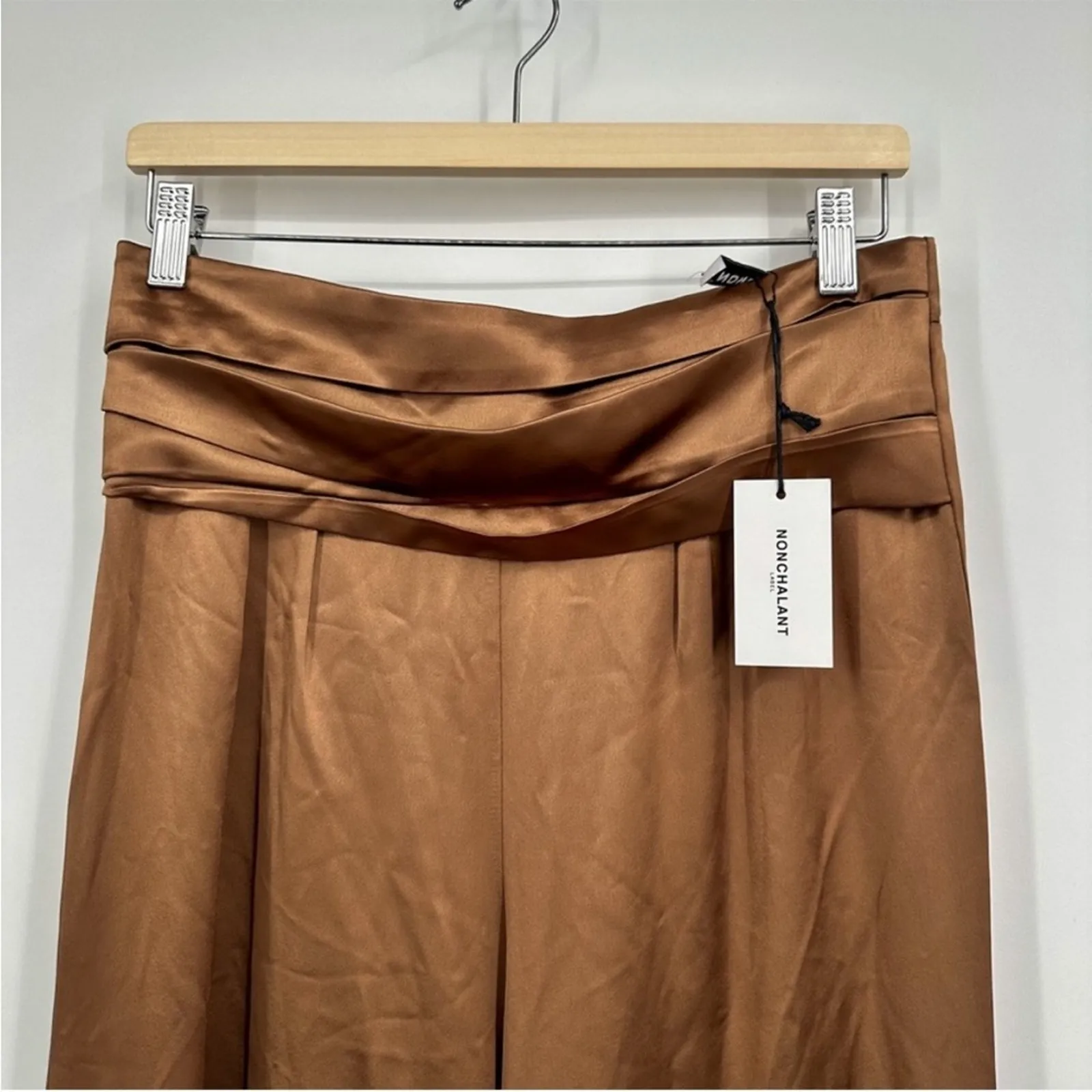 Nonchalant Revolve Satin Wide Leg Chocolate Brown Pants NEW Women SMALL - Image 2