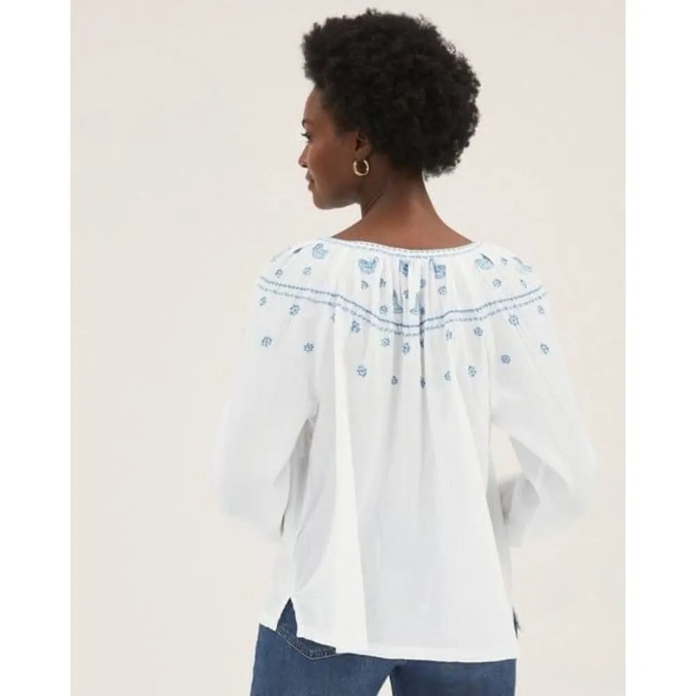 Marks & Spencer Pure Cotton Semi Sheer Embroidered Crinkle Long Sleeve Blouse 1X White - Image 3