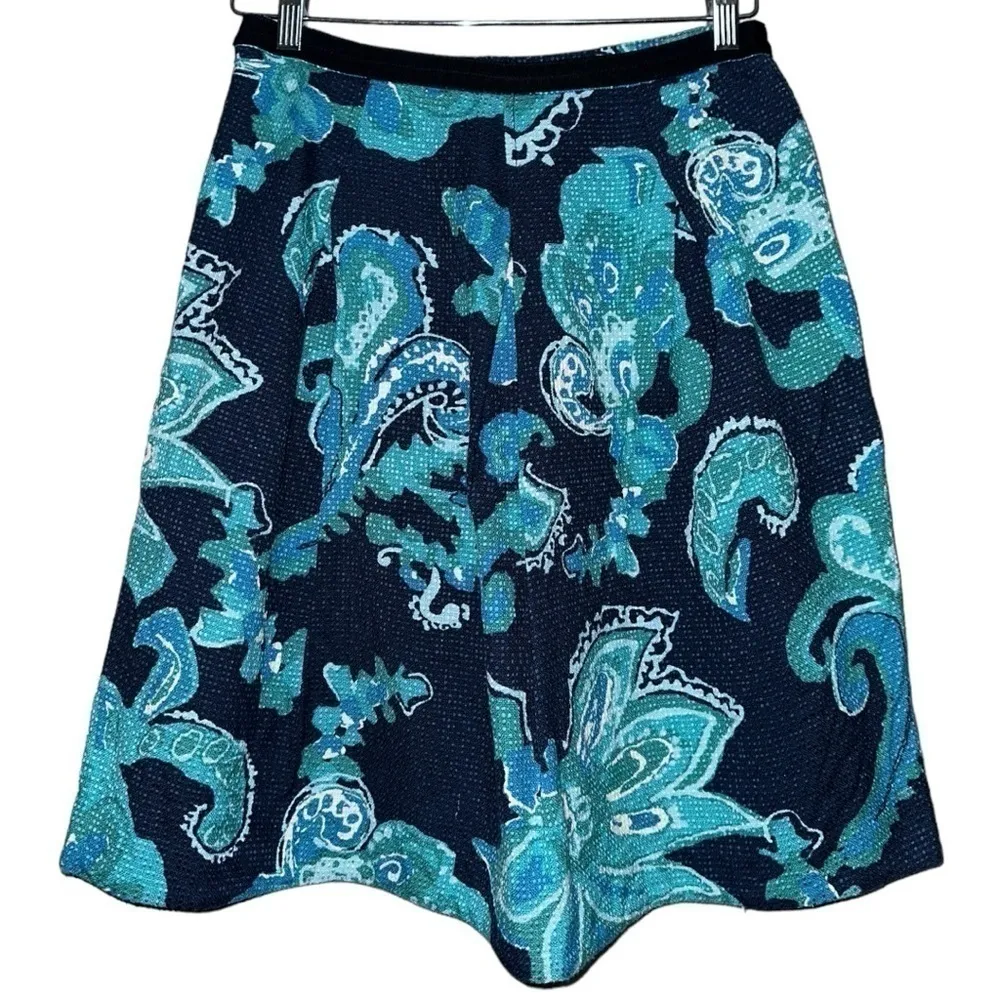 Tory Burch Women’s Size 8 Navy Turquoise Blue Textured Silk Cotton Full Skirt - Image 2