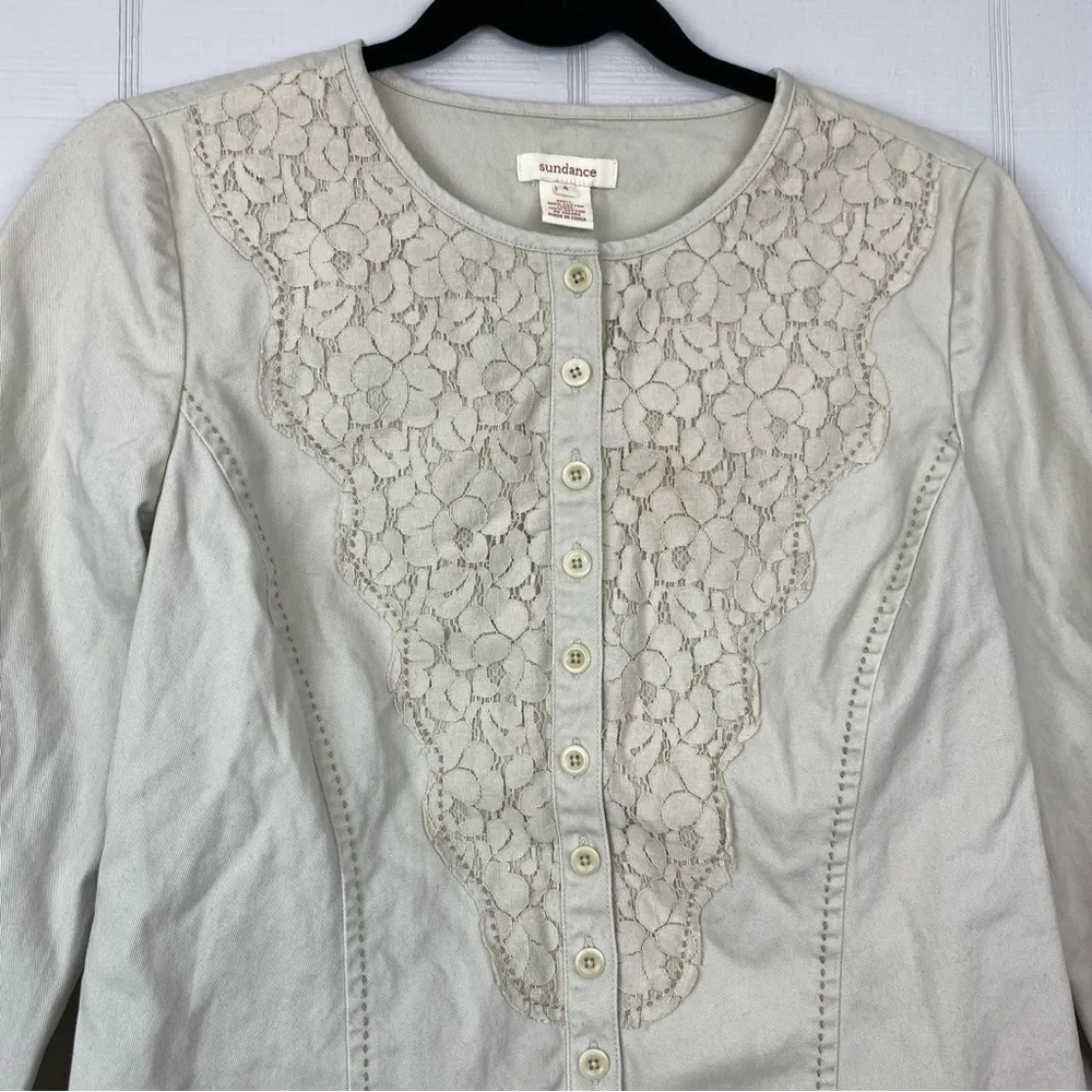 Sundance Beige Button Up Lace Front Light Fitted Jacket Ruffle Trim Size 4 - Image 2