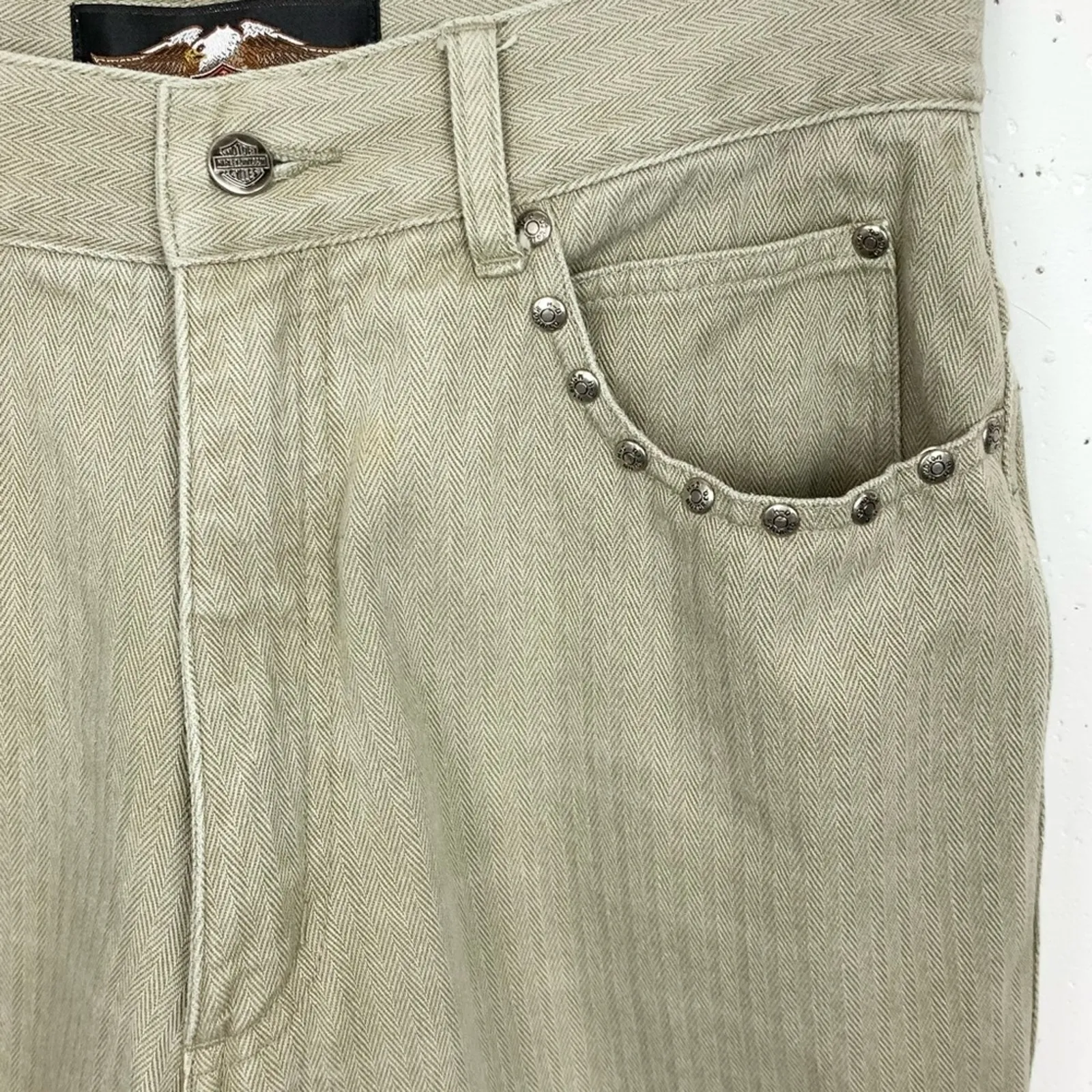 Vintage 90s Harley Davidson Womens Jeans Tapered Tan Herringbone Size Medium - Image 5