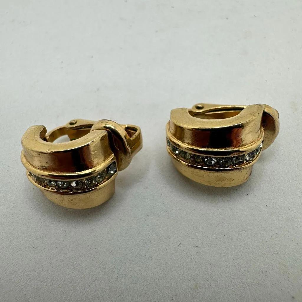 Christian Dior Gold‎ Tone Rhinestone Small Half Hoop Clip On Earrings Vintage - Image 2