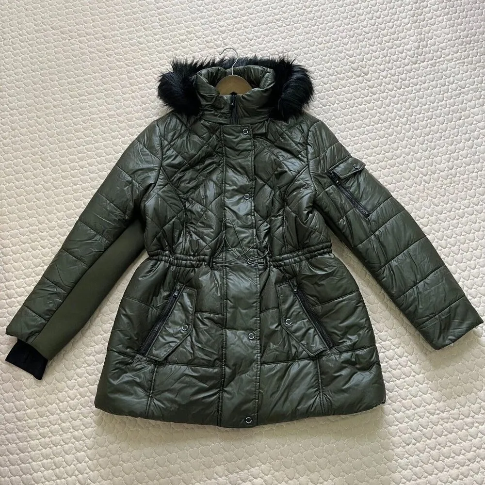 NWT Michael Kors Quilted Women Long Puffer Coat w/ Fur Hoodie Olive Size 1X - Image 3