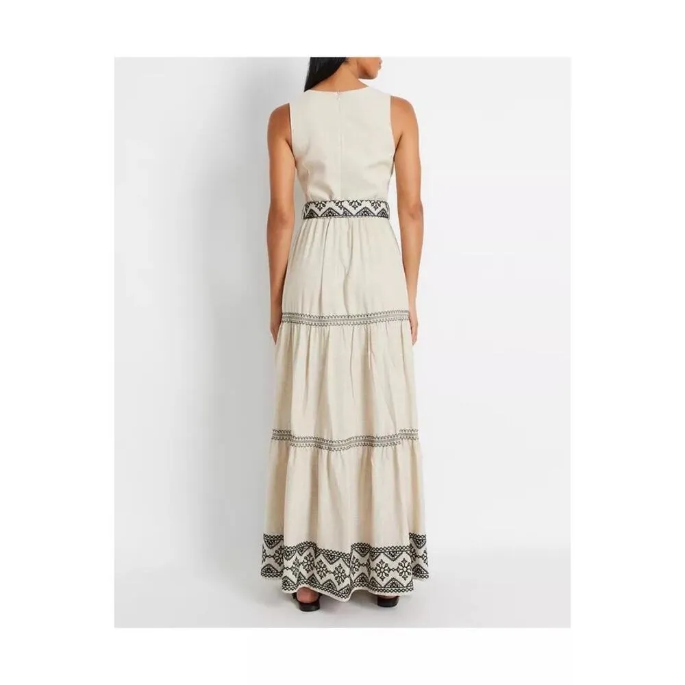 PatBO Sleeveless Linen Tan and Black Embroidery Maxi Sun Dress sz 6 - Image 16
