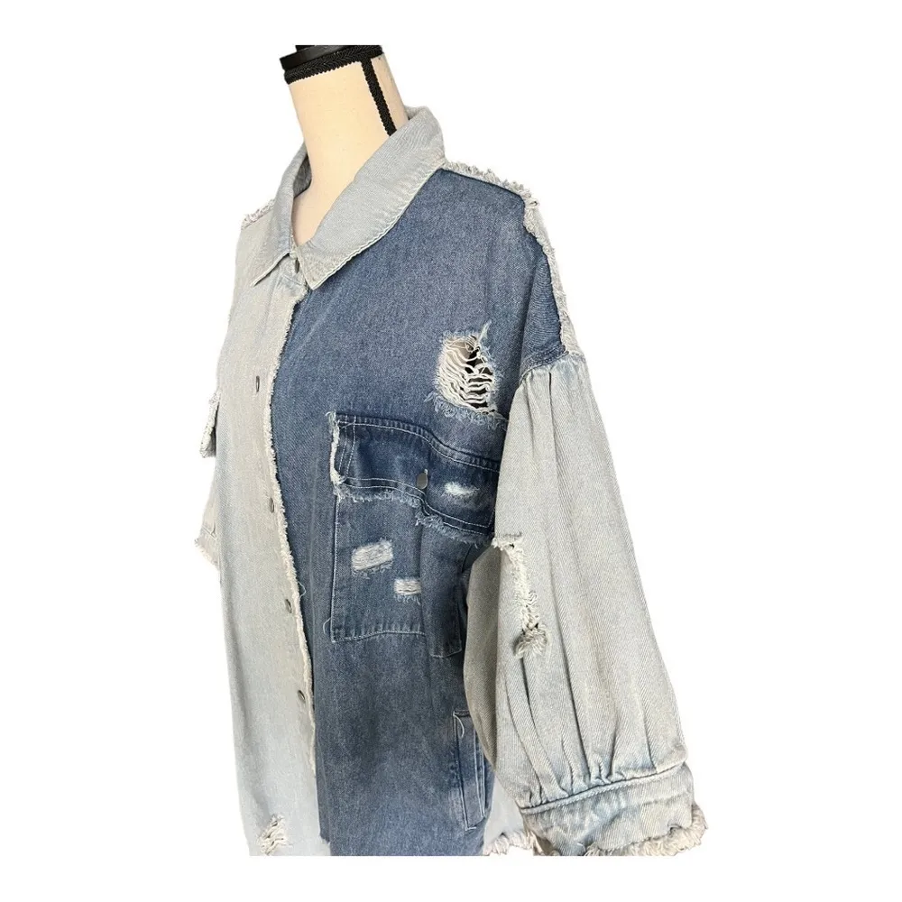 POL Oversize Two Tone Blue Distressed Denim Jacket  Size S - Image 10