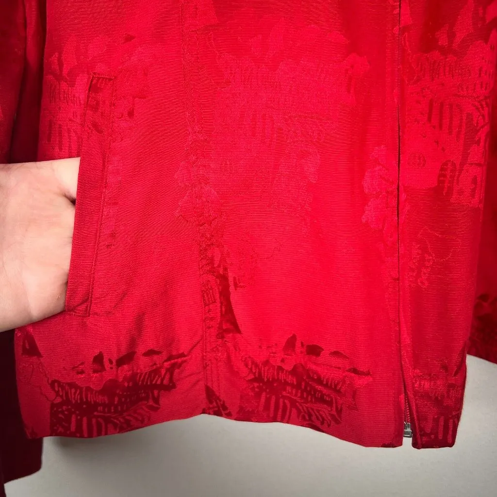 Chicos 1 Silk Blend Jacket Womens Medium Red Satin Pattern‎ Full Zip Lightweight - Image 5