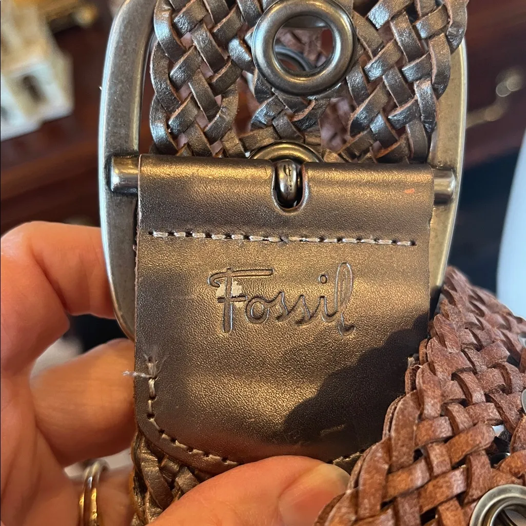 Fossil  Brown Leather Braided Belt with Silver Buckle - Image 6