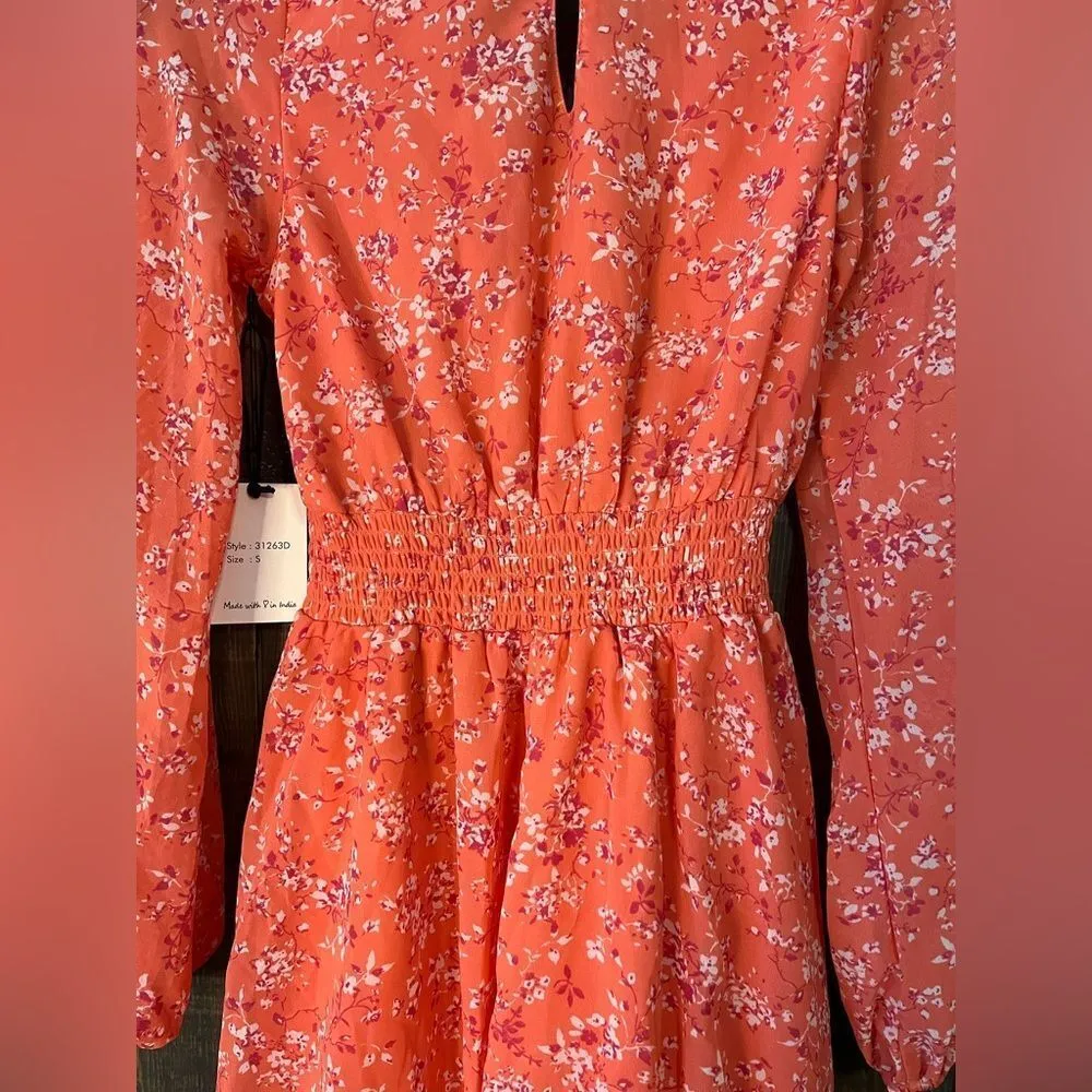 Coral Floral Long Sleeve Wrap Dress‎ with Ruffle Hem Romantic Spring Style E27 - Image 4