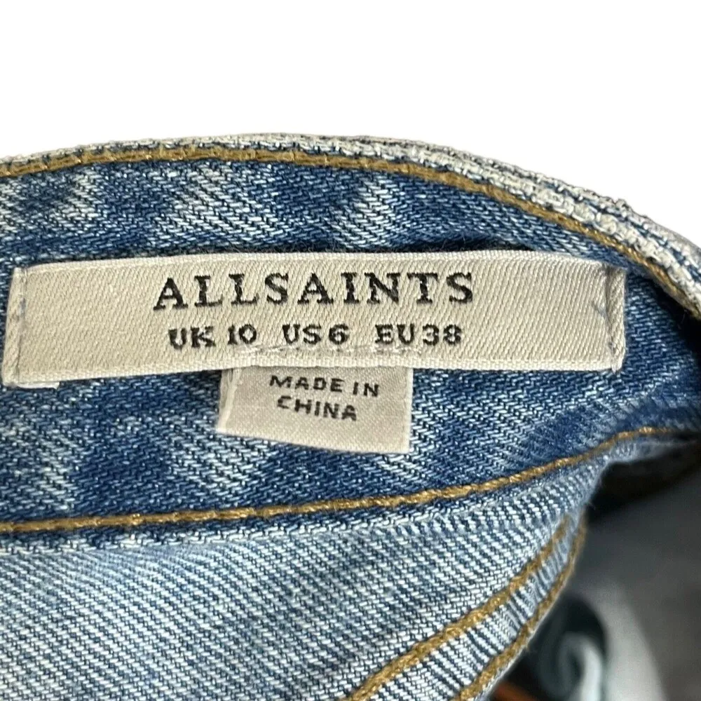 AllSaints Denim Mini Skirt Bette Buckle Raw Hem Belted Blue Women’s Size US 6 - Image 6