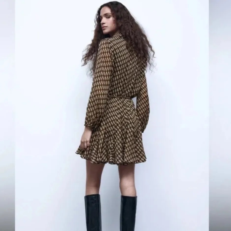 Zara Brown Gold Geometric Print Ruffled Long Sleeve Button Down Belted Dress S - Image 7