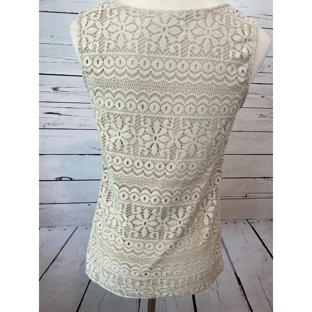 Susan Graver Cami Tank Top Blouse XXS Beige Lined Lace Floral Sleeveless Shirt‎ - Image 6