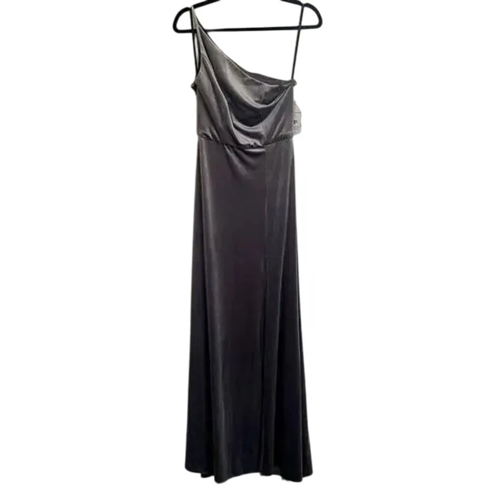 NWT After Six One Shoulder Spaghetti Strap Velvet Maxi Gown Dress 6 Caviar Gray - Image 12