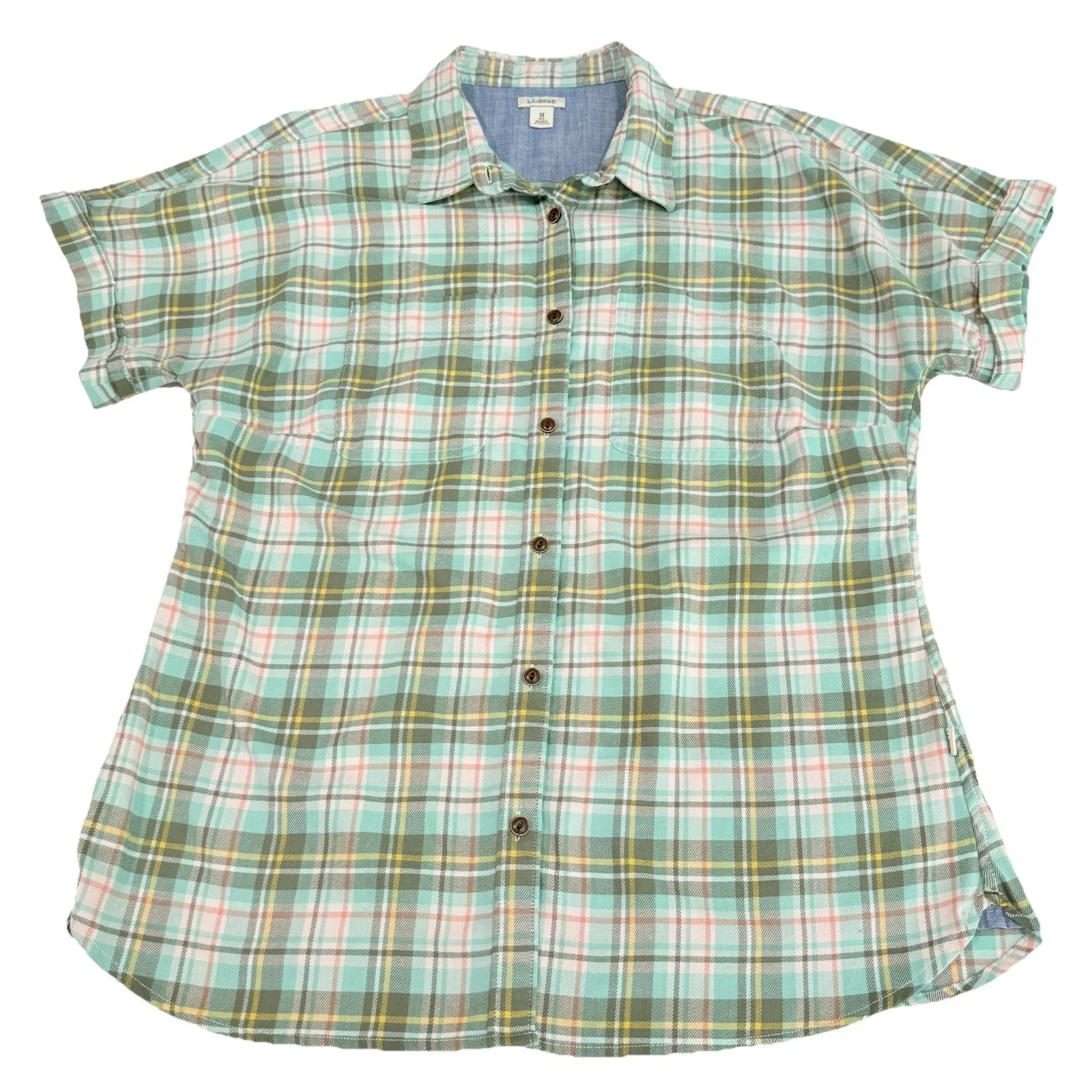 LL Bean Colorful Plaid Short Sleeve All Season Flannel Button‎ Up Shirt MEDIUM - Image 10