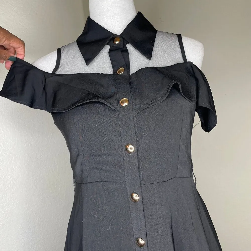 Blingor Women's Black Gold Botton Cap Sleeve Off Shoulder Sheer Slash Neck Sz M Size M - Image 5