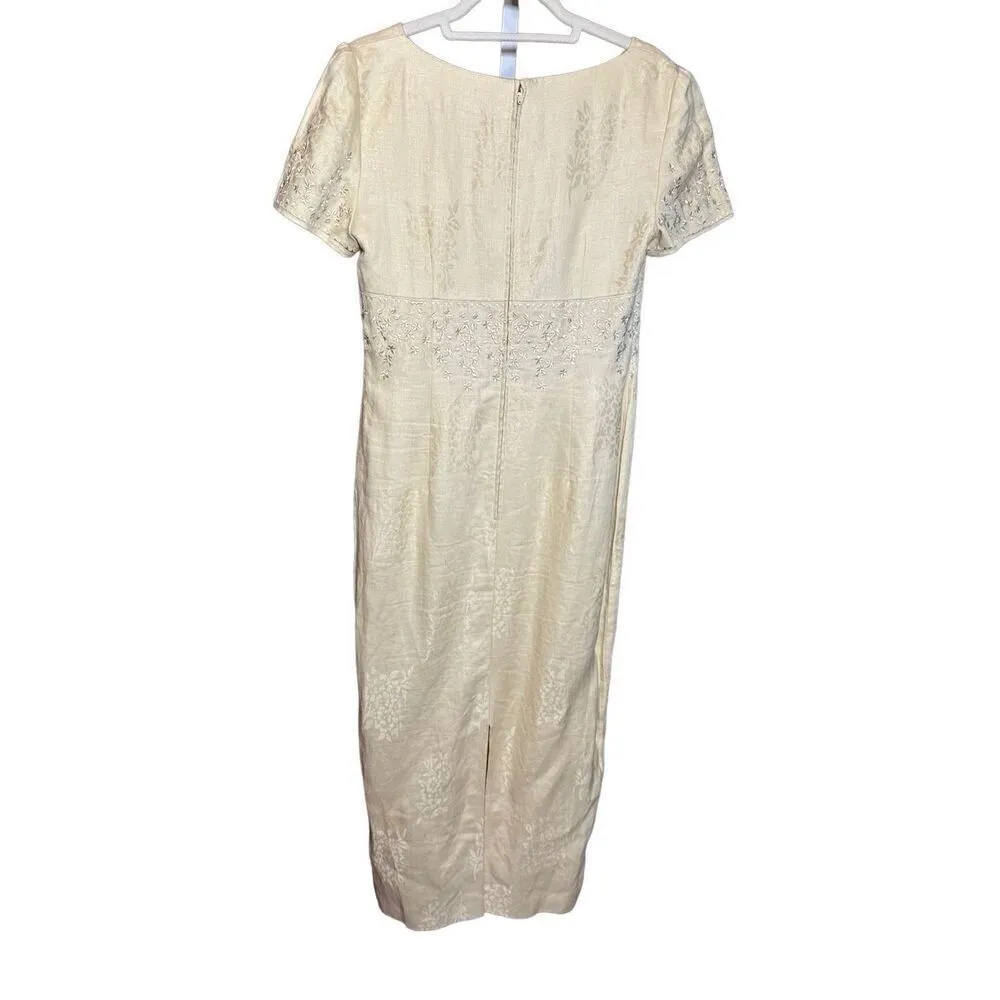 Vintage Maggy London Light Pastel Yellow embroidered linen maxi sheath dress sz - Image 2