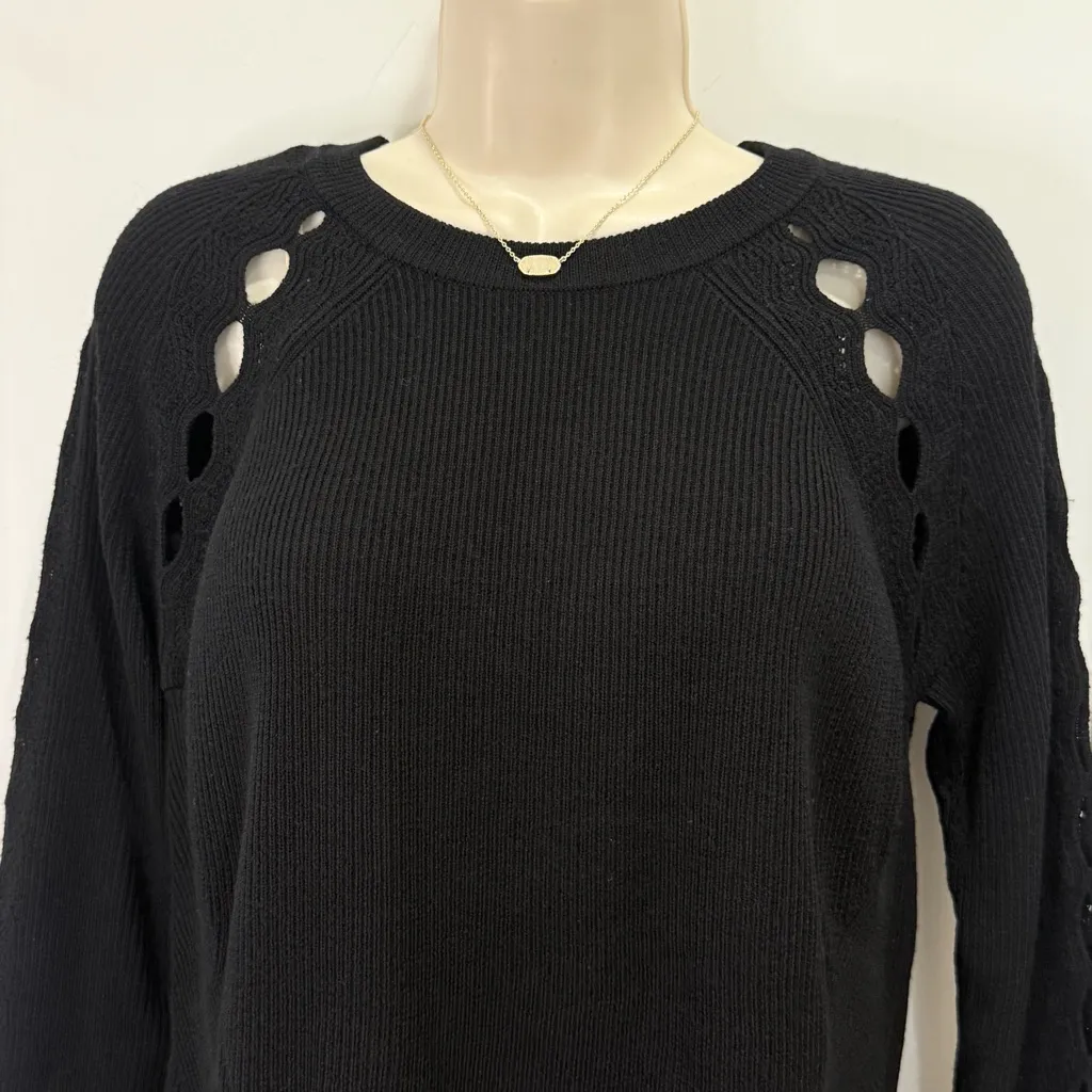 Milly Ribbed Pointelle Cutout Sweater Wool Crewneck Black Small Whimsigoth Chic - Image 5