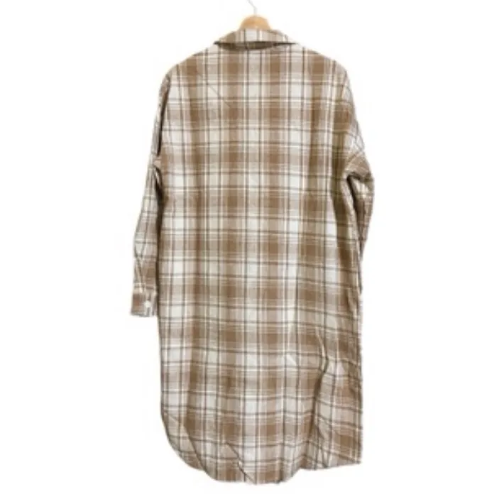 Tan beige cream plaid long flannel shacket overcoat fall layers western cozy Size M - Image 2