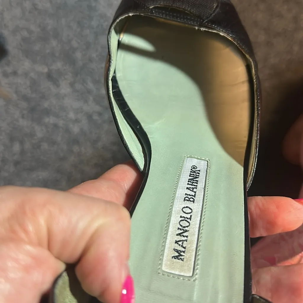 Manolo Blahnik black leather D’Orsay high heel pumps size 39.5 linen inset 9euc - Image 11