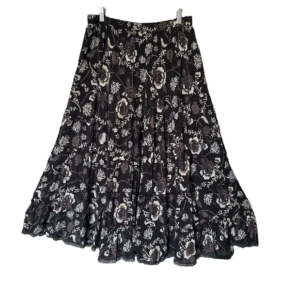 Vintage Indira Brown Floral Rayon Hippie Boho Tiered Skirt size Medium - Image 1