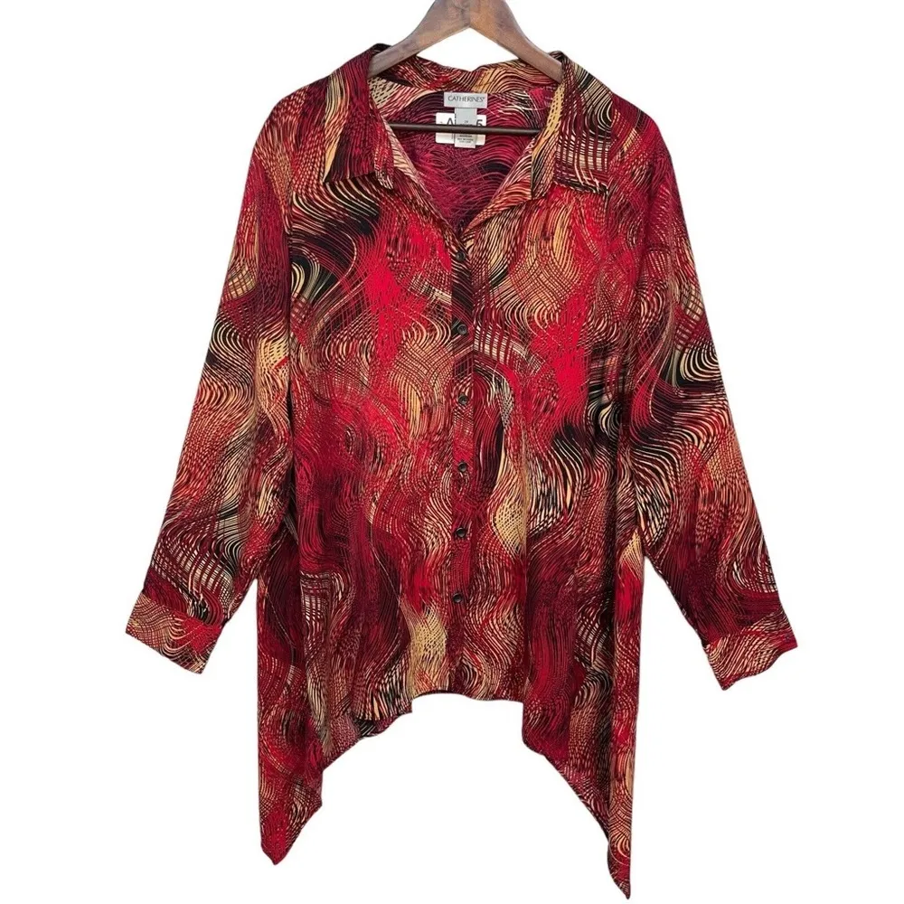 Catherines Collared Button-Up Top Blouse Asymmetric Artsy Boho Red Plus Size 3X - Image 3