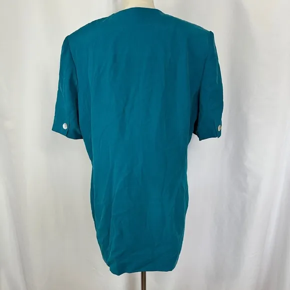 Vintage Valerie Stevens 100% Silk Button Down Top Short Sleeve Teal Women 16 - Image 3