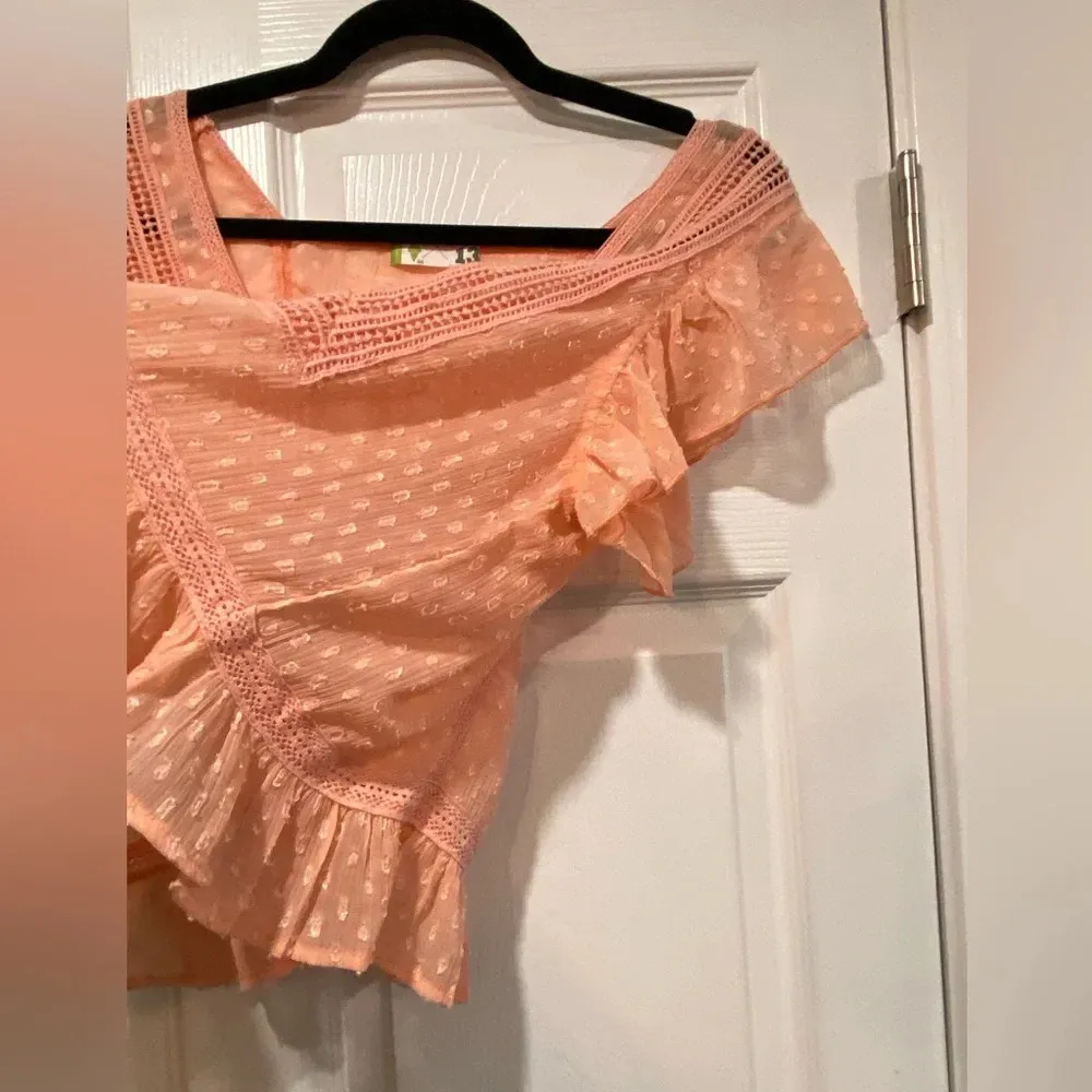 18 Forever Pink Lace Embroidered Ruffle Sleeve Cropped Baby Doll Top Size 13 - Image 2