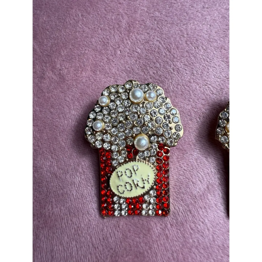 Popcorn Movie Night Rhinestone Faux Pearl Statement Earrings Costume Jewelry Red - Image 3
