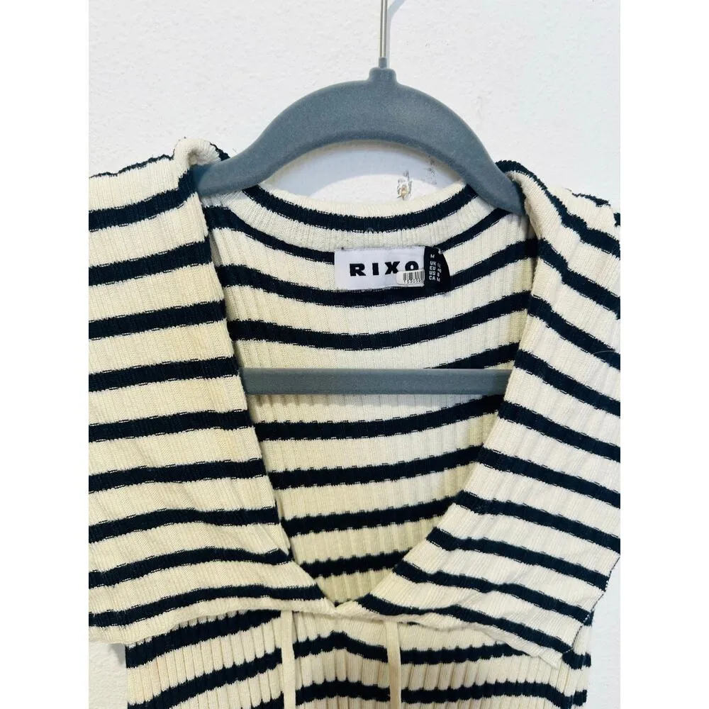 RIXO Blue White Antibes Stripe Ribbed Collared Ties Necklines Maxi Dress Size 8 - Image 9