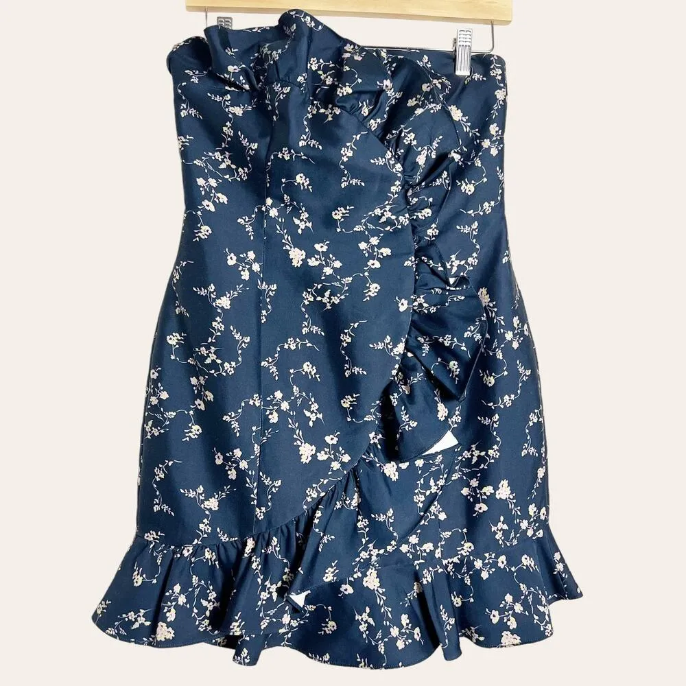 Keepsake The Label Navy Blue Floral Ruffle Strapless Mini Dress Size 6 - Image 4