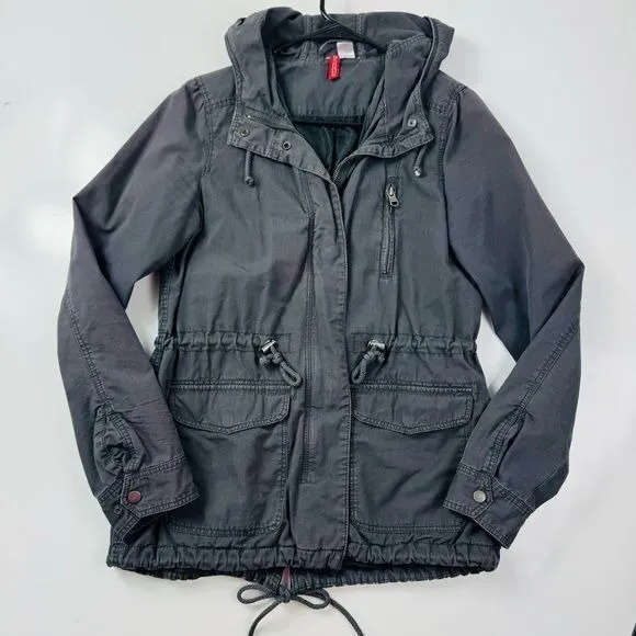H&M Anorak Jacket Hooded Utility Drawstring Gray Coat Women's Size‎ S - Image 2
