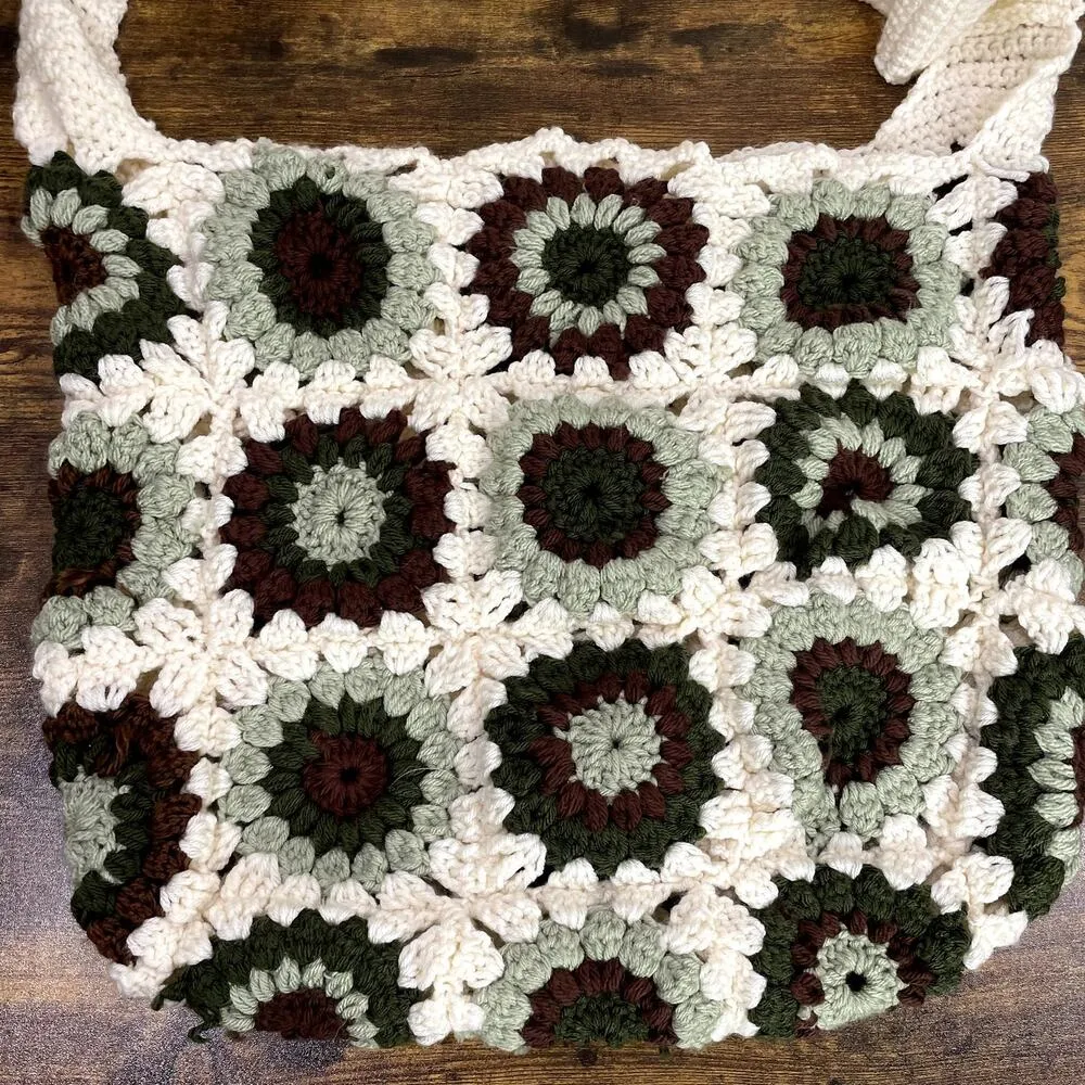 Crochet Granny Square Floral Handmade Tote Shoulder Bag Purse Earth Tone Boho - Image 2