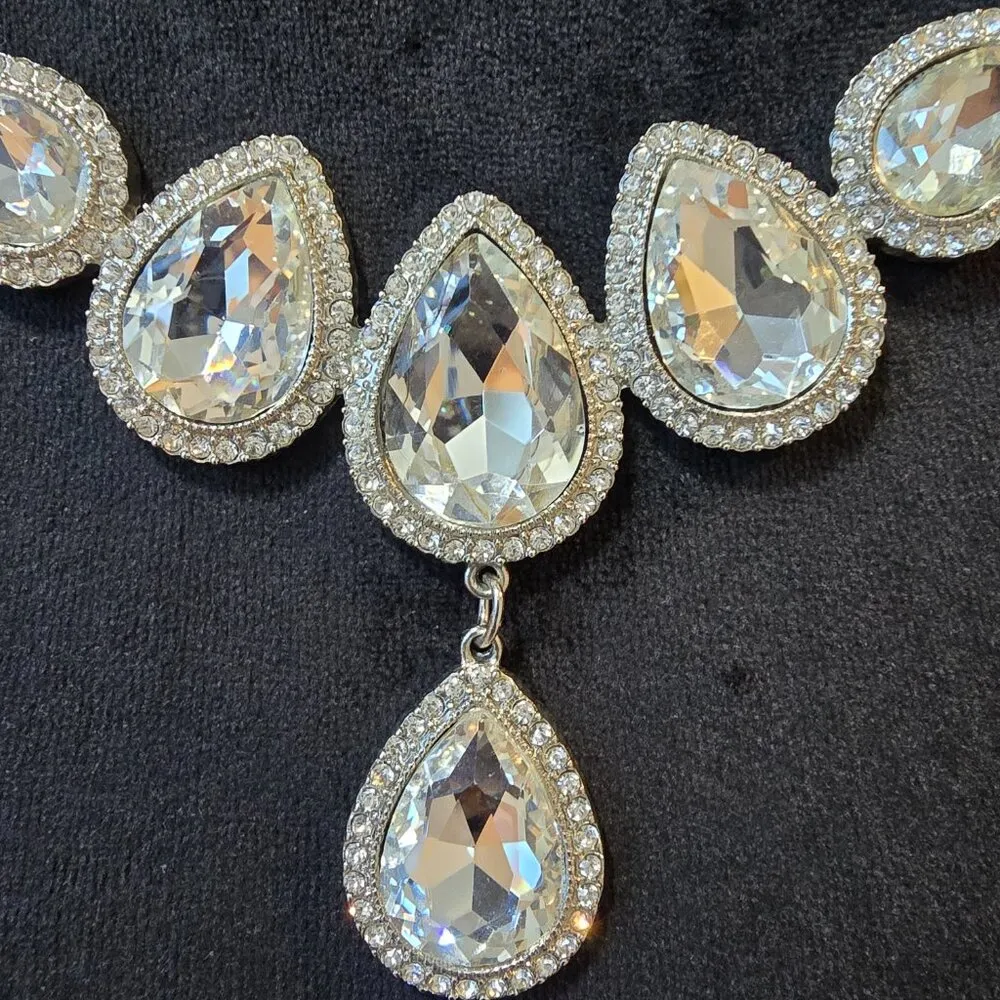 Natasha Silver Crystal Wedding Necklace Rhinestone Teardrop Pendant Bridal - Image 5