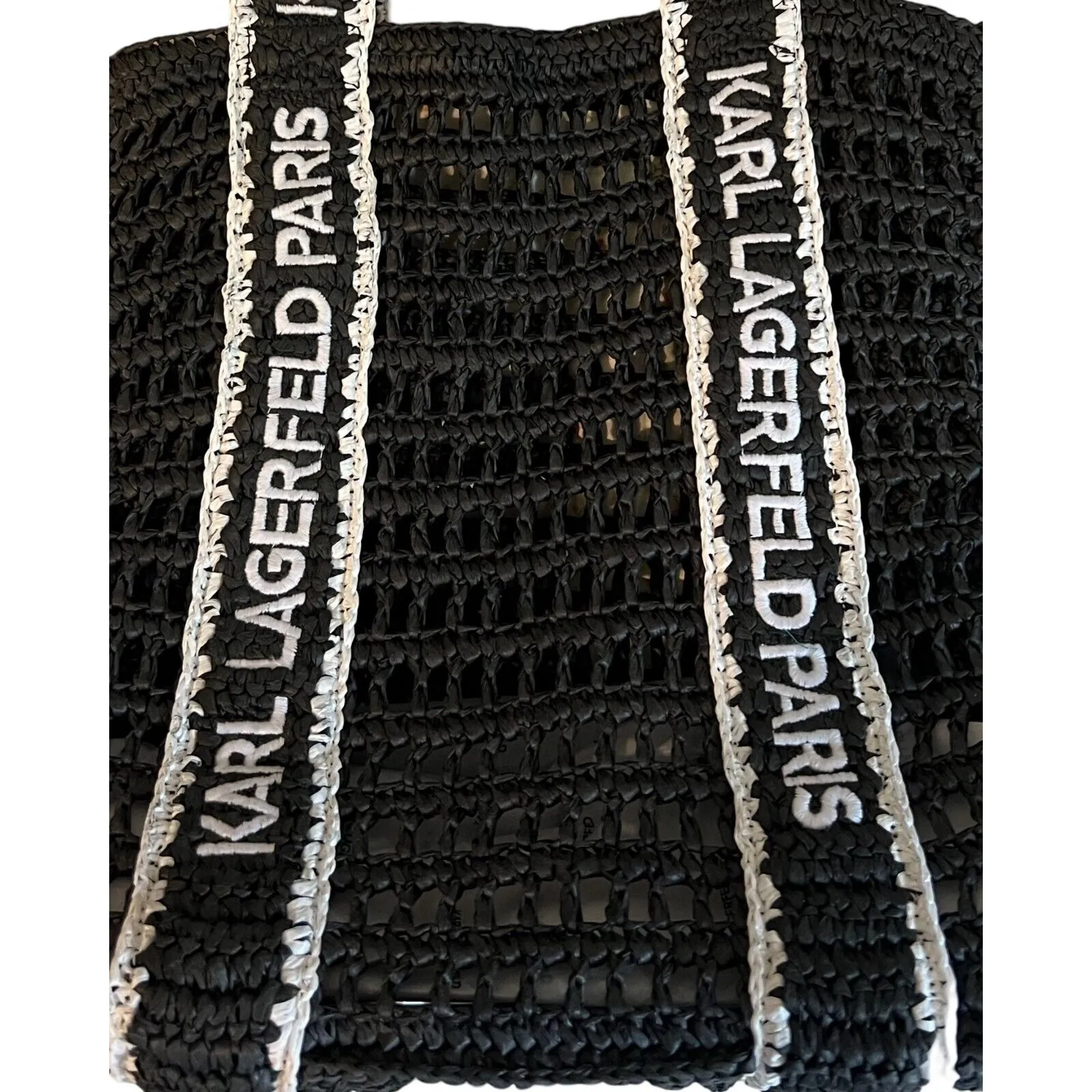 KARL LAGERFELD Tote Bag Black Antibes Straw Tote Purse 12 x 13 x 5 NWT - Image 6