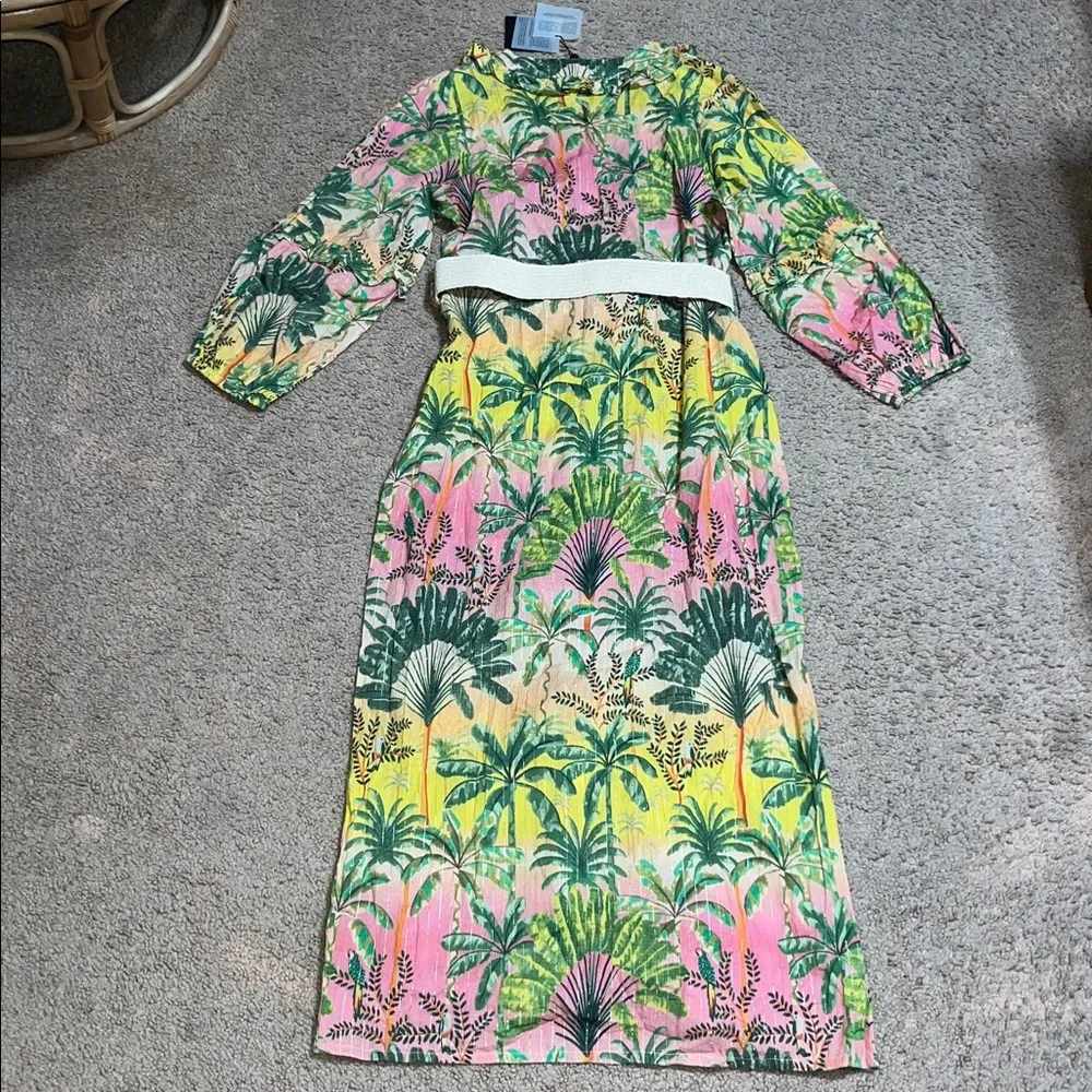 America & Beyond Endless Summer Tropical Floral Ruffle Shirt Dress Beaded Belt M Green Size M - Image 8