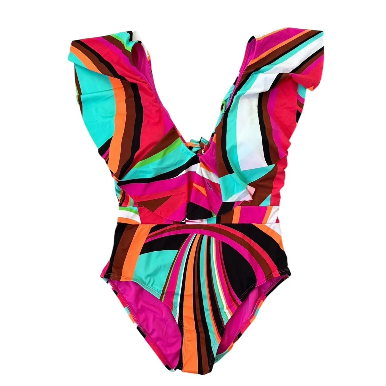 NEW Trina Turk Ruffle Flutter Sleeve Plunge One Piece Swimsuit Colorful Size 10 - Image 3