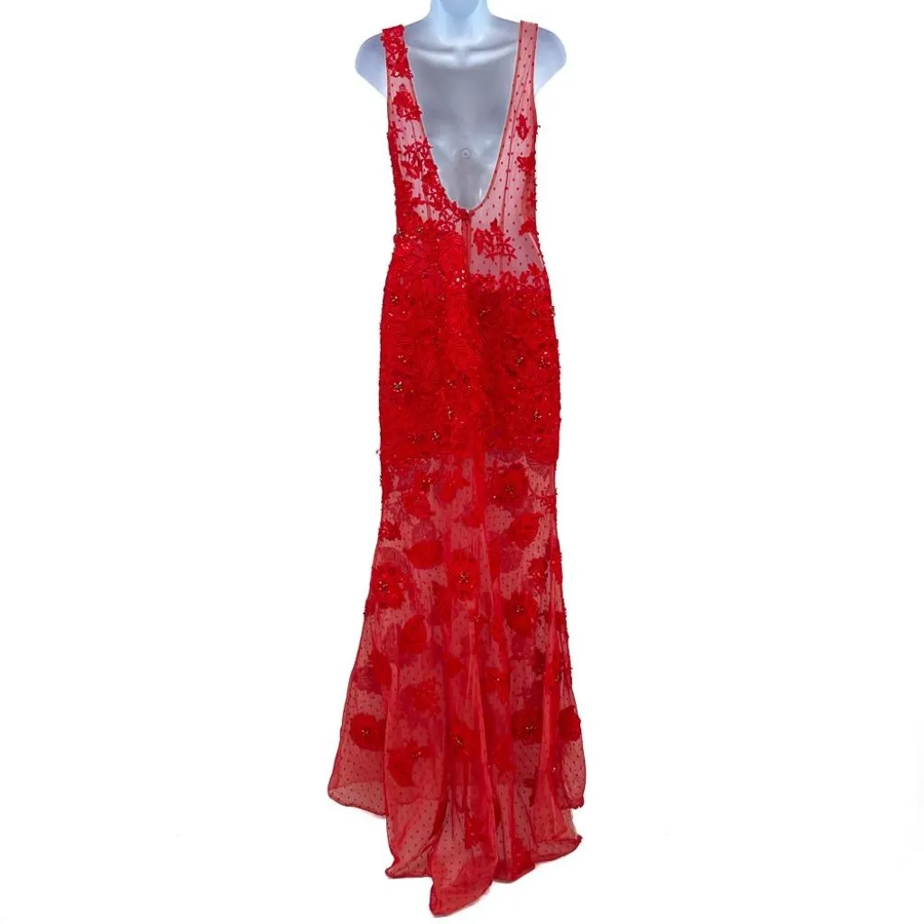 Sherri Hill Sheer Lace Beaded Rhinestone Backless Embellished Gown Dress 11127 - Image 4