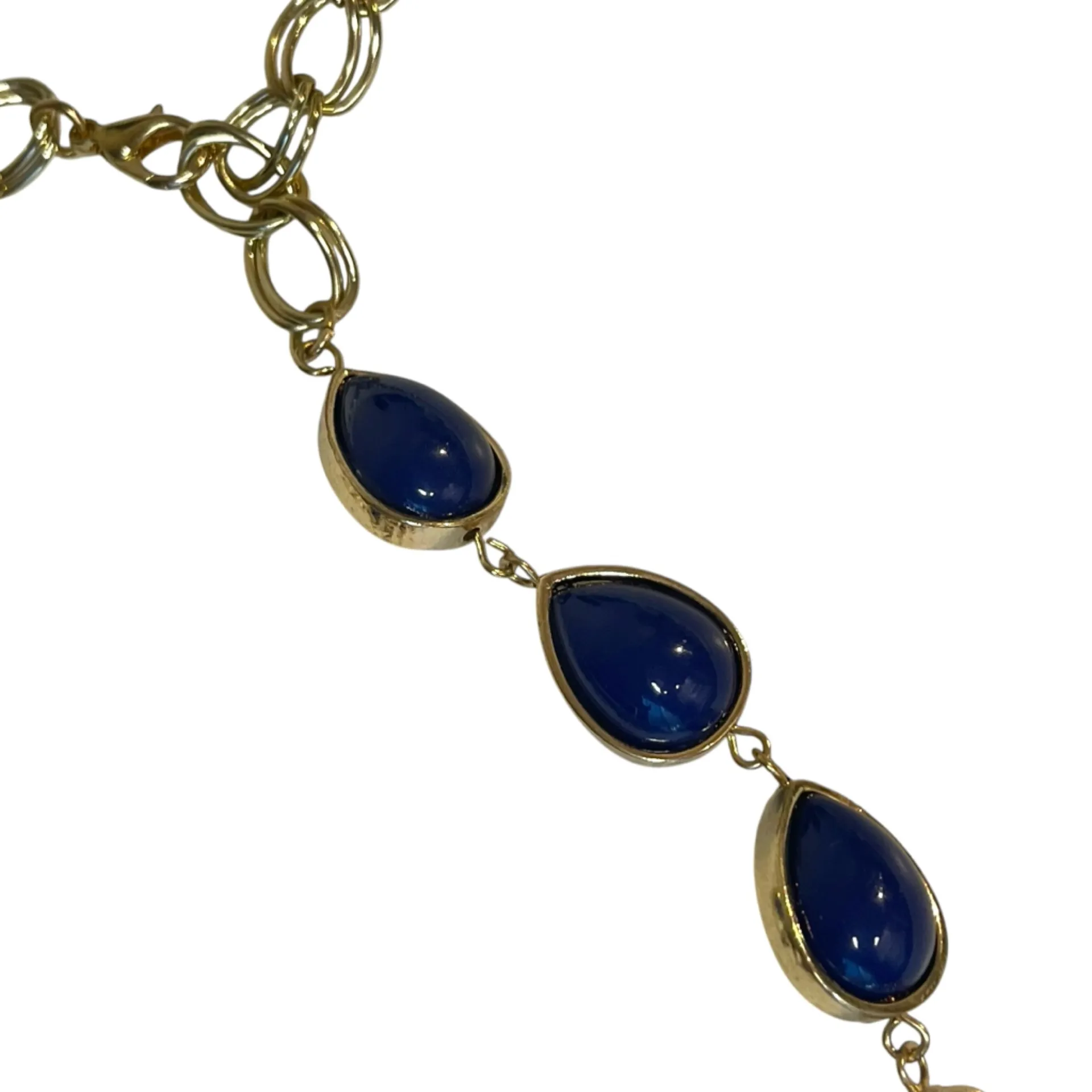 Vtg Statement Necklace Earrings Costume Jewelry Set Blue Teardrop Bead Gold Tone - Image 7