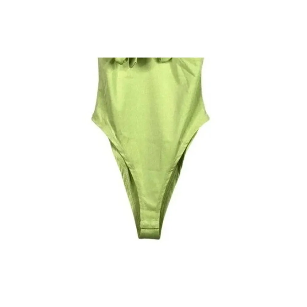 NEW Ruffled Off Shoulder Tie Key Hole Bodysuit Puff Sleeves Snap Crotch S Green - Image 4