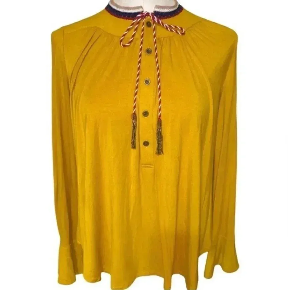 Anthropologie Akemi + Kin Goldie Mustard Top with Tassles size XS NwT - Image 4