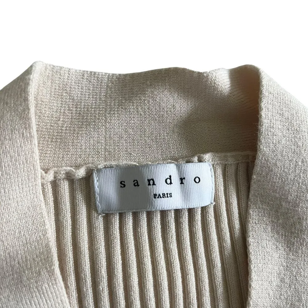 Sandro Cream Wool Blend Ribbed Knit Logo Button Front Cardigan Sweater Size 2 - Image 2