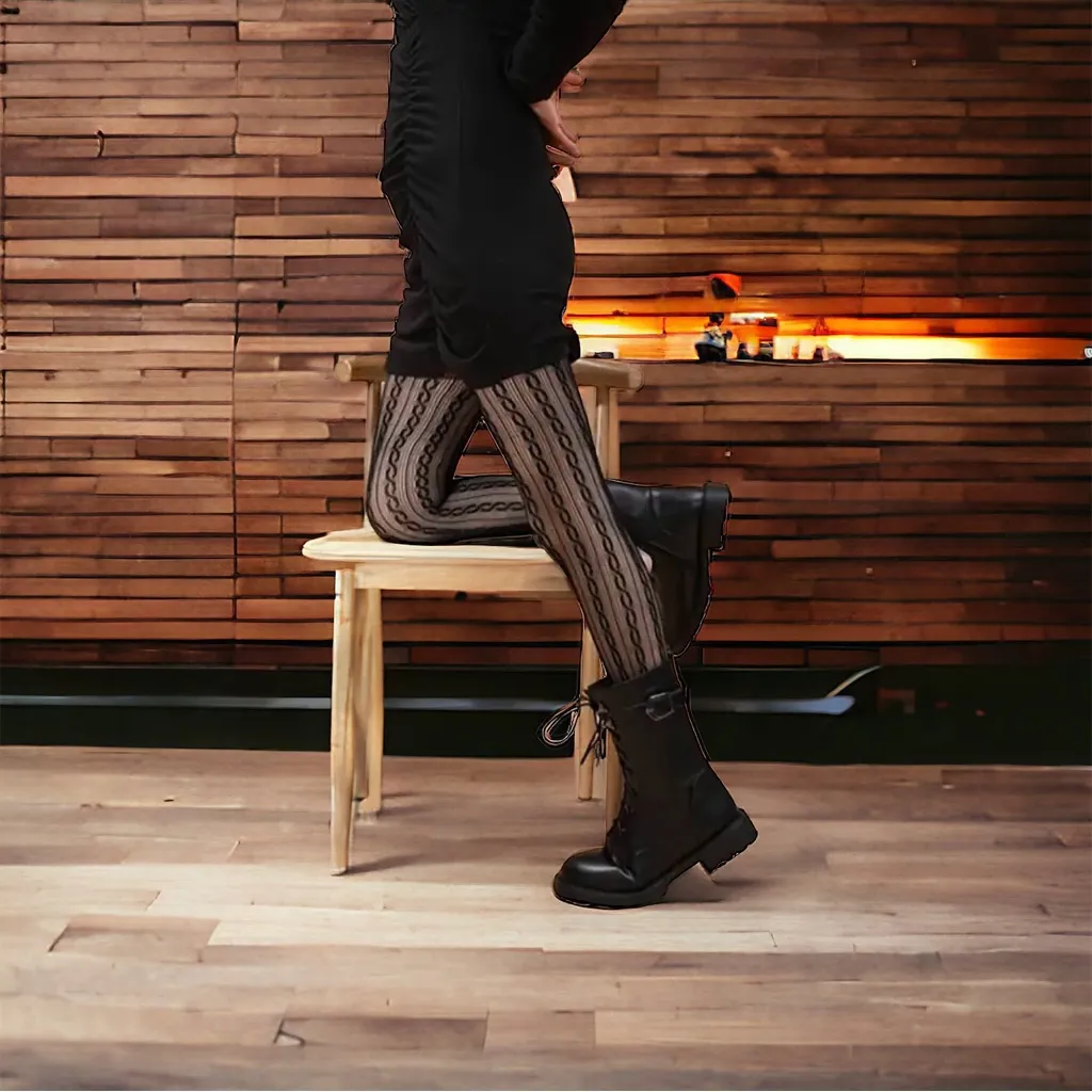 Twist Pattern Black Pantyhose, Sexy Slim Fit Footed Pantyhose One‎ Size - Image 3