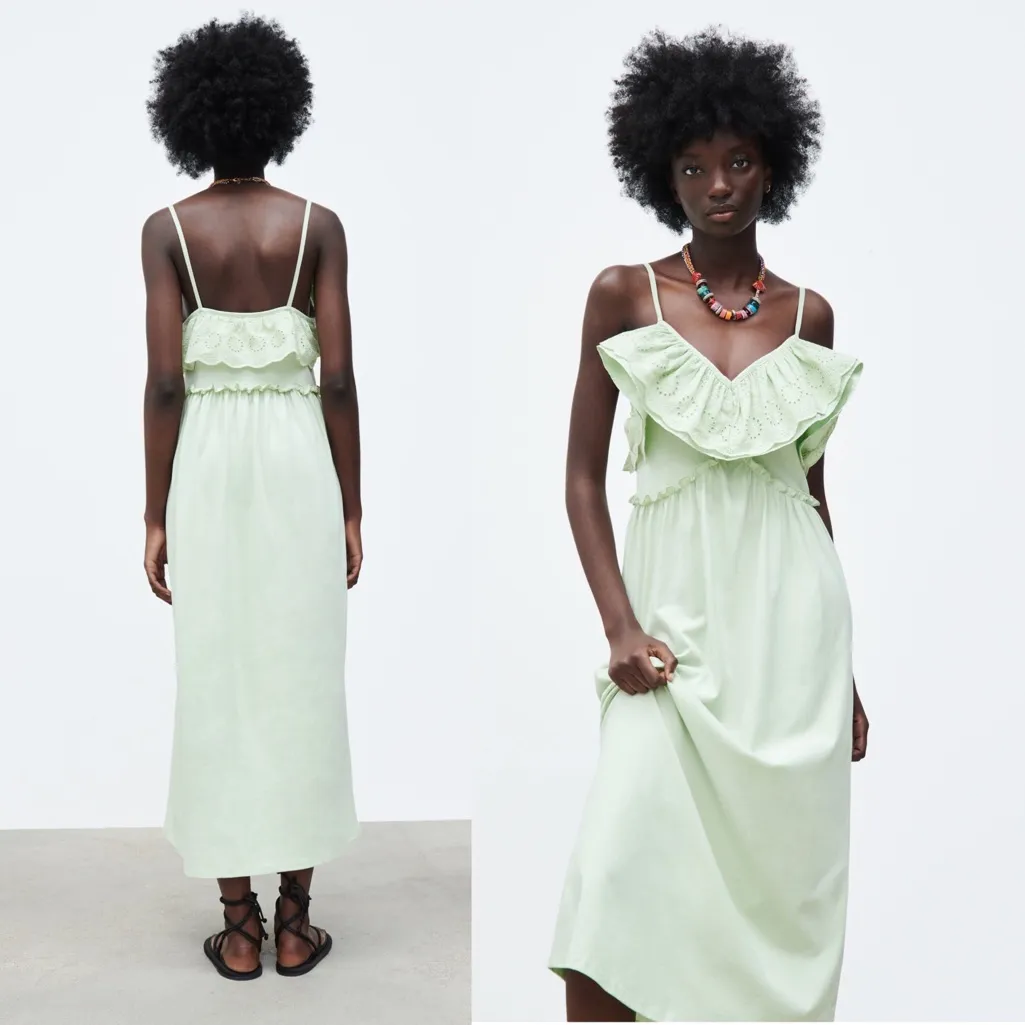 NWT ZARA LIME GREEN VOLUMINOUS LONG MIDI / MAXI DRESS  EYELET WORK MEDIUM - Image 2