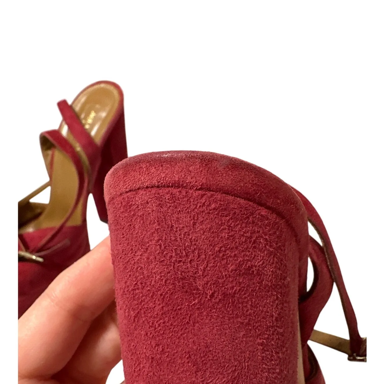 Aquazzura Mira Red Suede Platform Heels IT 37.5 US 7.5 Block Slingback Sandals Size 6.5 - Image 13